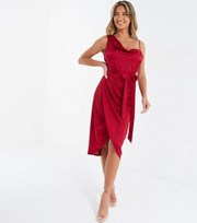 QUIZ Dark Red Satin One Shoulder Belted Midi Wrap Dress